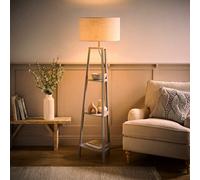 Valuelights Hiru Large Linen Shade Grey 3 Tier Wooden Shelf Floor Lamp And Bulb