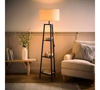 Valuelights Hiru Linen Drum Shade Black 3 Tier Wood Shelf Floor Lamp And Bulb