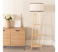 Hiru Three Tier Shelved Wooden Floor with Linen Trim Drum Lamp Shade ValueLights Black One Size