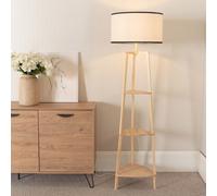 Hiru Three Tier Shelved Wooden Floor with Linen Trim Drum Lamp Shade & LED Bulb ValueLights Black One Size