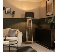 Natural Wood 3 Tier Shelf Wooden Floor Lamp with Boucle Shade Charcoal