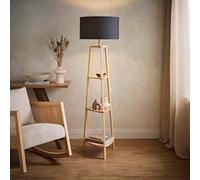 ValueLights Hiru Natural 3 Tier Wooden Shelf Floor Lamp with Large Drum Shade in Charcoal ValueLights Charcoal