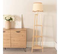 Hiru Three Tier Shelved Wooden Floor with Linen Trim Scallop Tapered Shade ValueLights Burnt Orange One Size