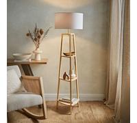 Natural Wood 3 Tier Shelf Floor Lamp with Large Shade White