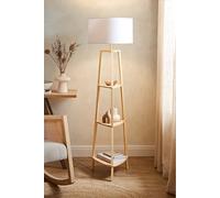 Natural Wood 3 Tier Shelf Floor Lamp with Large Shade White