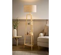 Valuelights Hiru Large Linen Drum Shade Natural 3 Tier Wooden Shelf Floor Lamp