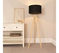 Valuelights Jackson Natural Wood Tripod Floor Lamp With Fabric Lamp Shade In Black Black