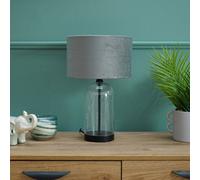 ValueLights | Glass and Black Metal Bedside Table Lamp with a Grey Velvet Lampshade | Home Décor, Bedside & Desk Lamp | Includes Bulb [3000K Warm White]