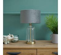 ValueLights | Glass and Gold Metal Table Lamp with a Grey Velvet Lampshade | Home Décor, Bedside & Desk Lamp