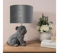 Valuelights Kaia Grey Velvet Bulldog Bedside Table Lamp With A Drum Lampshade Animal Bedroom Light - Bulb Included