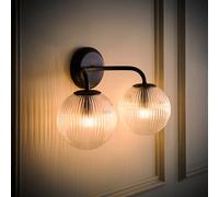 Valuelights Kempton Matte Black Ribbed Glass Globe 2 Arm Wall Light With Bulbs