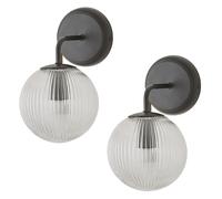 ValueLights Kempton Pair of Ribbed Glass Globe Shade Wall Lights with Bulbs in Black ValueLights Black
