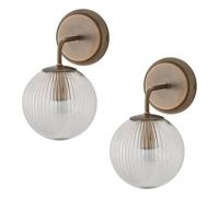 ValueLights | Kempton Pair of Brushed Brass Ribbed Glass Globe Shade Wall Lights and Bulbs | Wall Lights, Home Décor & Improvement Essential | Mains Wired