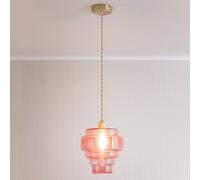 Brushed Gold Single Ceiling Pendant Light with Glass 5-Tier Shade Pink
