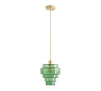 Brushed Gold Single Ceiling Pendant Light with Glass 5-Tier Shade Green