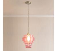 Valuelights Lane Pink Glass 5 Tier Layer Shade Brushed Chrome Single Ceiling Pendant Light