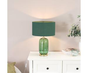 Valuelights Leigh Fabric Drum Shade And Forest Green Glass Gold Trim Table Lamp & Led Bulb In Bottle Green Bottle Green