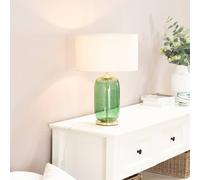 ValueLights | Forest Green Glass and Gold Detail Table Lamp with Cream Drum Shade | Home Décor, Bedside & Desk Lamp | Includes Bulb