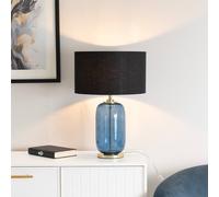 ValueLights Leigh Fabric Drum Shade with Navy Blue Glass & Gold Trim Table Lamp with Bulb in Black ValueLights Black