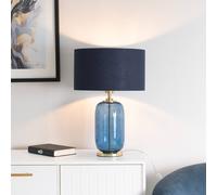 ValueLights Leigh Fabric Drum Shade with Navy Blue Glass & Gold Trim Table Lamp with Bulb ValueLights Navy