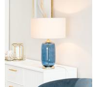 ValueLights Leigh Fabric Drum Shade with Navy Blue Glass & Gold Trim Table Lamp with Bulb in White ValueLights White