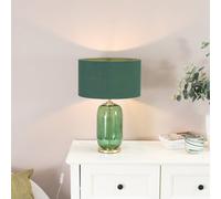 ValueLights | Forest Green Glass and Gold Detail Table Lamp with Drum Shade | Home Décor, Bedside & Desk Lamp | Includes Bulb