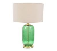 Forest Green Glass and Gold Detail Table Lamp with Natural Drum Shade for Bedroom Bedside Table Light - LED Bulb Included