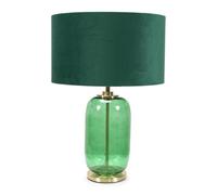 ValueLights | Forest Green Glass and Gold Detail Table Lamp with Velvet Drum Shade | Home Décor, Bedside & Desk Lamp | Includes Bulb