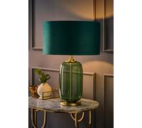 Forest Green Glass and Gold Detail Table Lamp with Velvet Drum Shade for Bedroom Bedside Table Light - LED Bulb Included