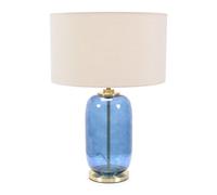 ValueLights | Navy Blue Glass and Gold Detail Table Lamp with Natural Drum Shade | Home Décor, Bedside & Desk Lamp | Includes Bulb
