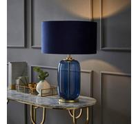 ValueLights Leigh Velvet Drum Shade with Navy Blue Glass & Gold Trim Table Lamp ValueLights Navy