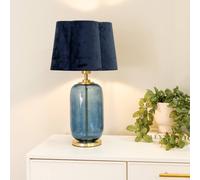 ValueLights | Navy Blue Glass and Gold Detail Table Lamp with Velvet Scallop Shade Living Room Bedroom Light | Table Lamps, Home Décor & Improvement Essential | Included LED Bulb