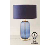 ValueLights Leigh Velvet Drum Shade with Navy Blue Glass & Gold Trim Table Lamp with Bulb ValueLights Navy