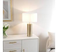 Antique Brass Single Stem Touch Dimmer Light Table Lamp with White Drum Shade for Living Room Bedroom - LED Bulb Included