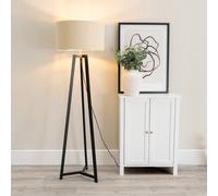 ValueLights Lottie Beige & Gold Black Wood Tripod Floor Lamp & Bulb