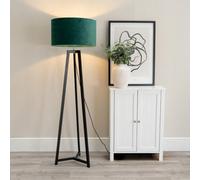 Valuelights Lottie Black Wood Tripod Floor Lamp With Forest Green Velvet Drum Shade