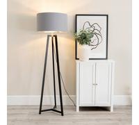 Valuelights Lottie Black Wood Tripod Floor Lamp With Grey/chrome Drum Shade - Led Bulb Included