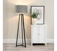 Valuelights Lottie Black Wood Tripod Floor Lamp With Grey Velvet Drum Shade - Led Bulb Included