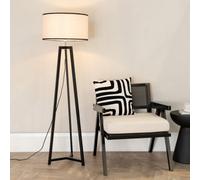 Valuelights Lottie Black Wood Tripod Floor Lamp With Linen Black Trim Drum Shade & Led Bulb