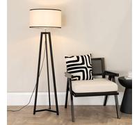 Valuelights Lottie Black Wood Tripod Floor Lamp With Linen Black Trim Drum Shade & Led Bulb Black One Size