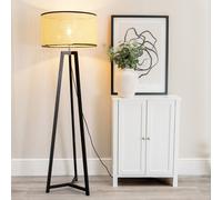 ValueLights Lottie Black Wood Tripod Floor Lamp with Cane Drum Shade