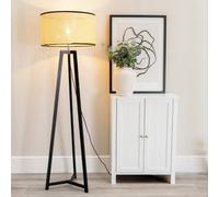 ValueLights Lottie Cane Drum Shade Black Wood Tripod Floor Lamp & Bulb