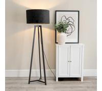 Valuelights Lottie Black Wood Tripod Floor Lamp With Black Velvet Drum Shade - Led Bulb Included