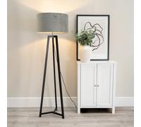 Lottie Black Wood Tripod Floor Lamp with Velvet Drum Shade and LED Bulb ValueLights Grey One Size