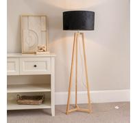 Valuelights Lottie Natural Wood Tripod Floor Lamp With Black Velvet Drum Shade