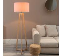 Lottie Natural Wood Tripod Floor Lamp with Fabric Drum Shade ValueLights Pink One Size
