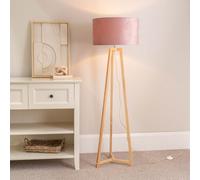 Valuelights Lottie Natural Wood Tripod Floor Lamp With Blush Pink Velvet Drum Shade - Led Bulb Included