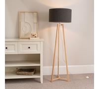 ValueLights Lottie Charcoal Boucle Shade Wood Tripod Floor Lamp & Bulb