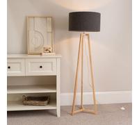 Valuelights Lottie Natural Wood Tripod Floor Lamp With Charcoal Grey Boucle Drum Shade - Led Bulb Included
