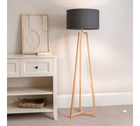 ValueLights Lottie Charcoal Drum Shade Natural Wood Tripod Floor Lamp